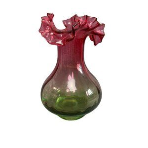 Handblown Green & Cranberry Glass Vase with Ruffled Edge - 8.5 Inches Tall